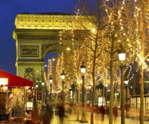 Puzzle Τα Ηλύσια Πεδία είναι διακοσμημένα για τα Χριστούγεννα με την Αψίδα του Θριάμβου στο παρασκήνιο. Παρίσι, Γαλλία